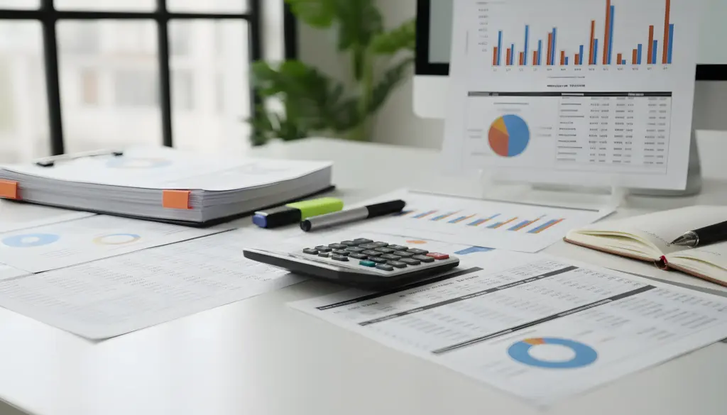 Escritorio de oficina con calculadora, documentos financieros, gráficos y un monitor mostrando análisis de datos.