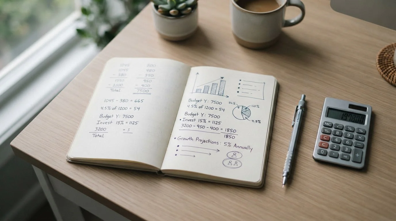 Calculadora y cuaderno con cálculos sobre requisitos de apuesta en bonos
