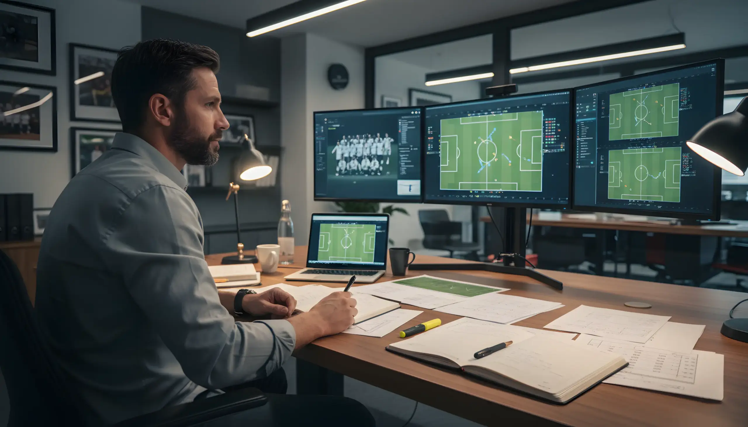 Entrenador de fútbol analizando documentos tácticos en su despacho con pantallas de vídeo