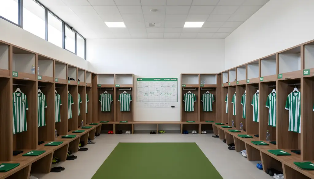 Vestuario moderno del equipo de fútbol con camisetas verde y blanco colgadas en los casilleros de madera
