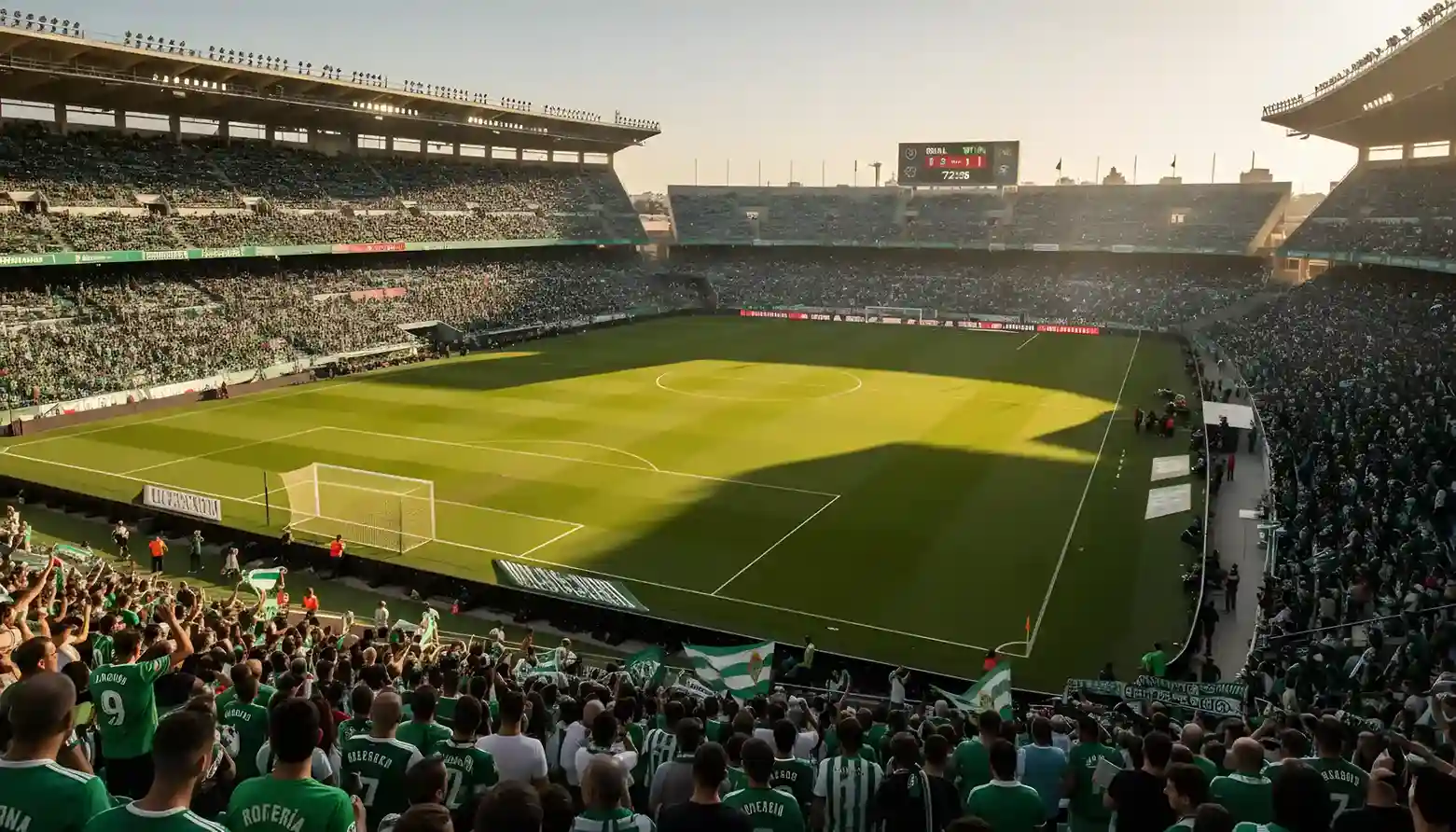 Campo de fútbol visto desde las gradas con marcador electrónico mostrando resultado de partido