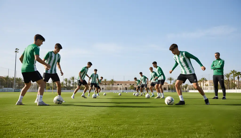 Grupo de jóvenes futbolistas con equipaciones de entrenamiento verdes y blancas practicando el control del balón en un campo de césped soleado, con palmeras al fondo.