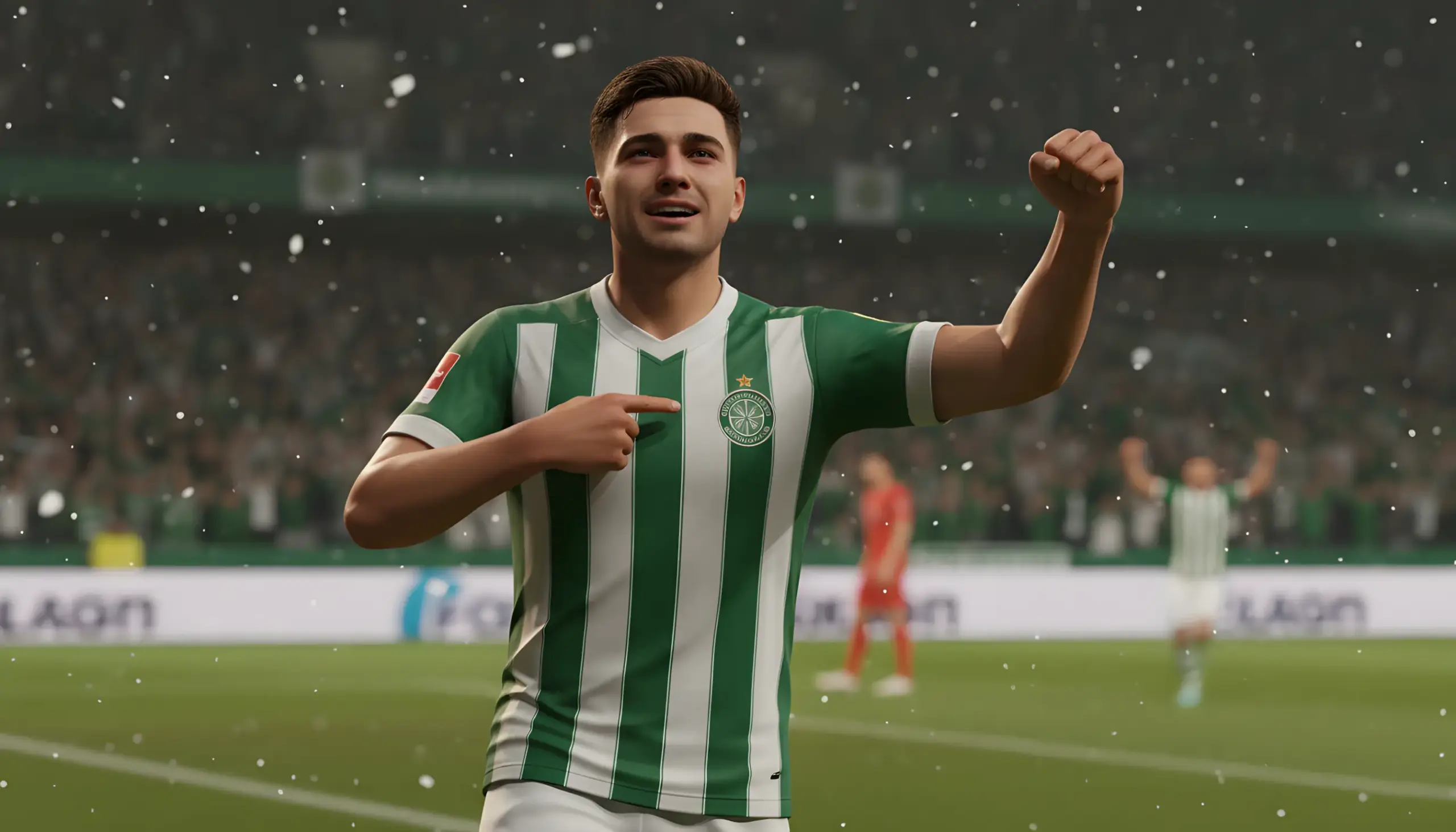 Joven futbolista de cantera celebrando con la camiseta del primer equipo