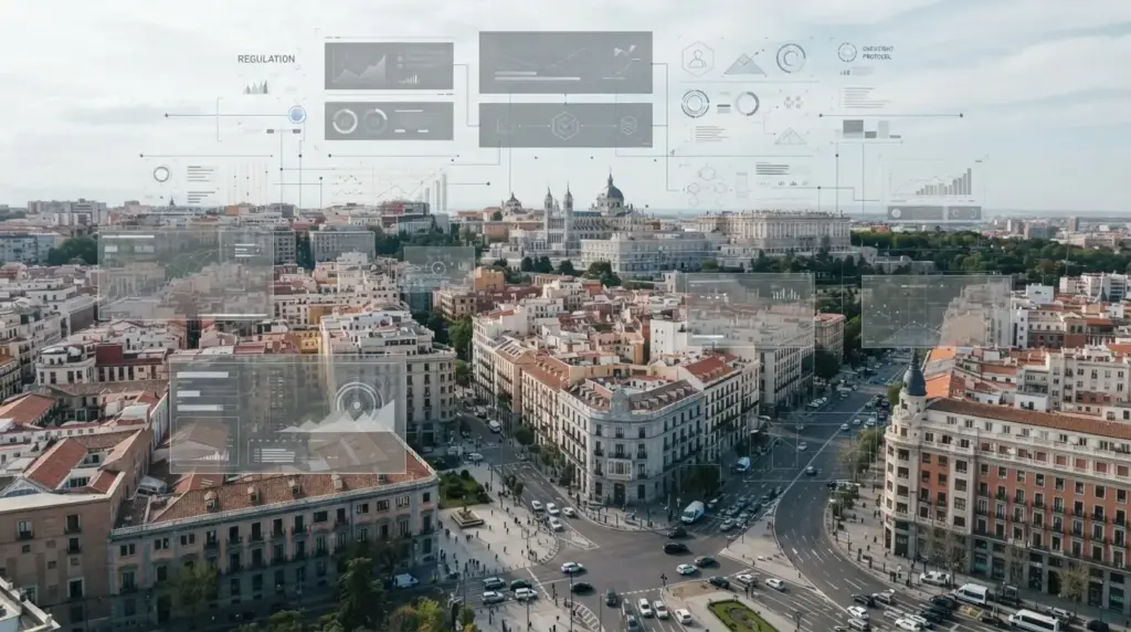 Panorámica de España con elementos regulatorios del mercado de apuestas supervisado por DGOJ