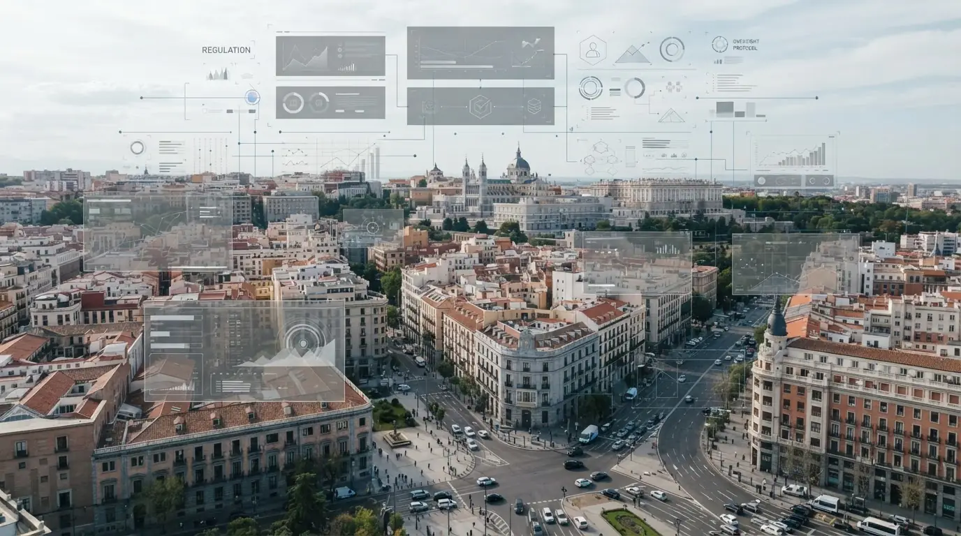 Panorámica de España con elementos regulatorios del mercado de apuestas supervisado por DGOJ