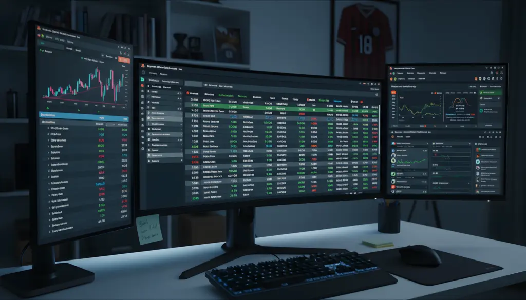 Configuración de escritorio con tres monitores mostrando gráficos bursátiles, datos financieros y tablas de cotizaciones en una habitación oscura.
