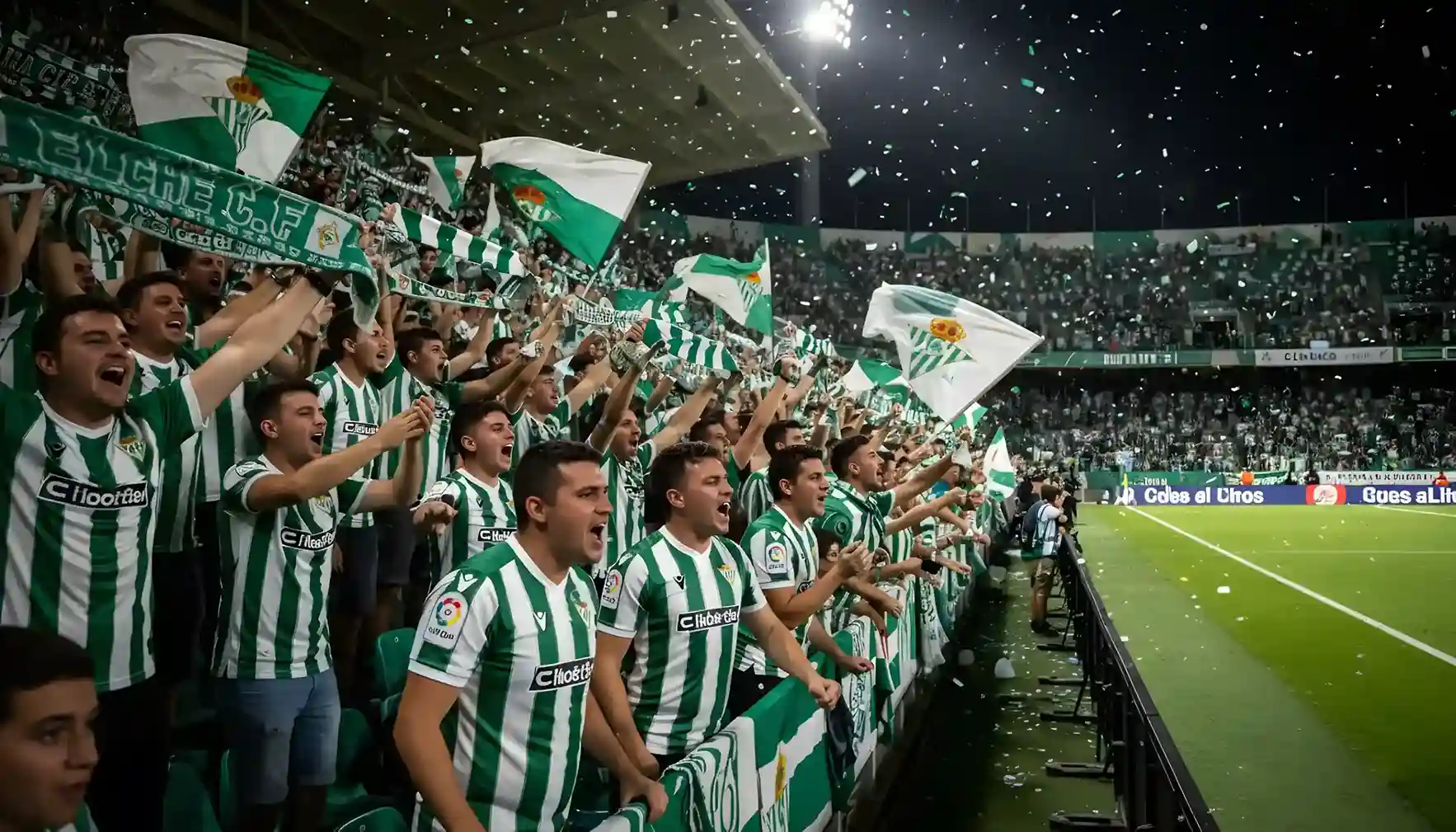 Aficionados del Elche celebrando en las gradas del estadio