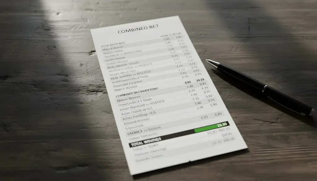 Una hoja de papel que muestra una "COMBINED BET" o "APUESTA COMBINADA" está sobre una superficie de madera oscura. La hoja detalla varias apuestas de fútbol con sus cuotas, como "Match Winner", "Over/Under 2.5 Goals" y "Asian Handicap". Hay una sección resaltada en verde que indica "TOTAL WINNINGS" con un valor de "20.90". Un bolígrafo negro elegante descansa junto al papel.