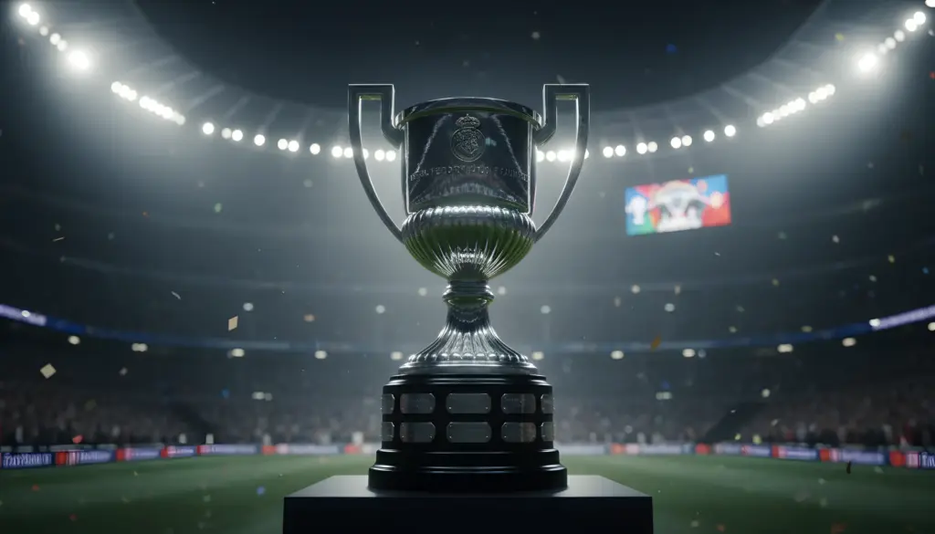 Una gran copa de trofeo de metal brillante se encuentra en un pedestal oscuro en el centro de un campo de fútbol iluminado. Los focos brillan intensamente desde arriba, y el confeti cae a su alrededor, creando un ambiente de celebración. Al fondo, se ven las gradas del estadio llenas de espectadores y una pantalla gigante mostrando algo borroso.