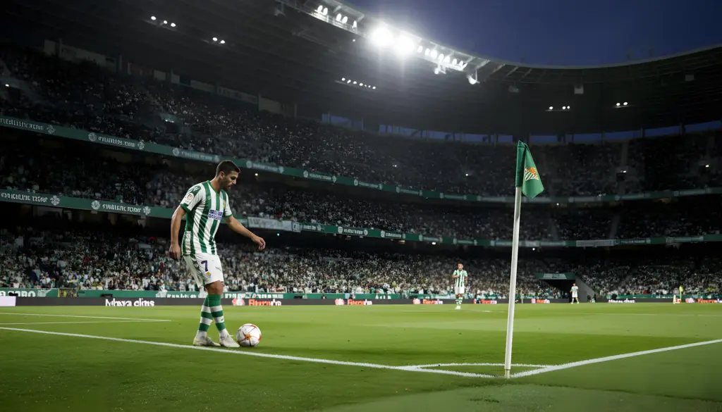 Un futbolista con una camiseta de rayas verdes y blancas se prepara para lanzar un córner en un estadio de fútbol por la noche. Está de pie junto al balón en la esquina del campo, cerca de una bandera de córner verde y blanca. Las gradas del estadio están llenas de espectadores y las luces del estadio brillan intensamente. Otros jugadores son visibles en la distancia.