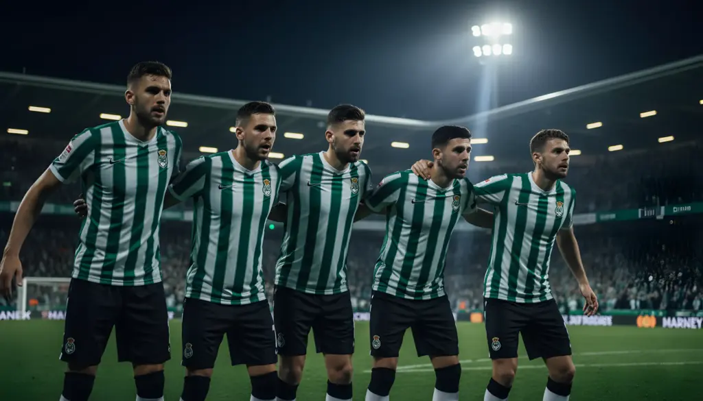 Cinco futbolistas masculinos, todos con camisetas de rayas verdes y blancas y pantalones cortos negros, están de pie en el campo de un estadio de fútbol por la noche. Están uno al lado del otro, con los brazos alrededor de los hombros, formando una barrera. Las luces del estadio brillan intensamente detrás de ellos, y las gradas oscuras del estadio son visibles al fondo.