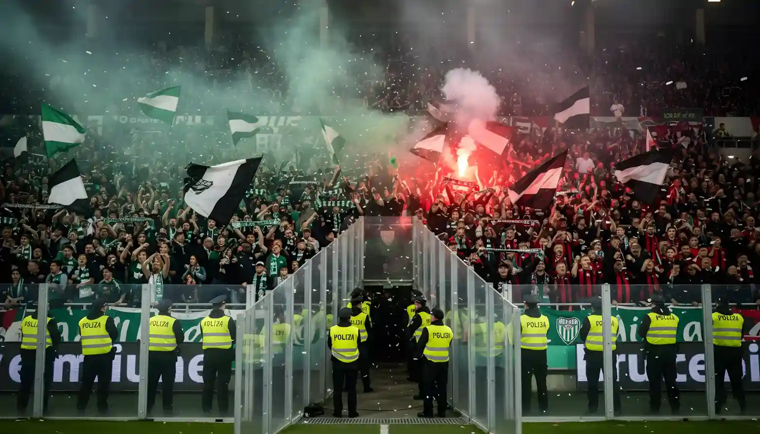 Aficionados de dos equipos rivales separados por vallas en un estadio durante un derbi