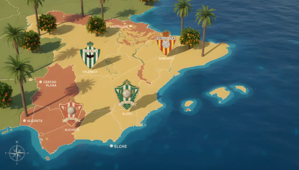 Mapa ilustrado de la Comunidad Valenciana con escudos de equipos de fútbol locales, palmeras y naranjos.