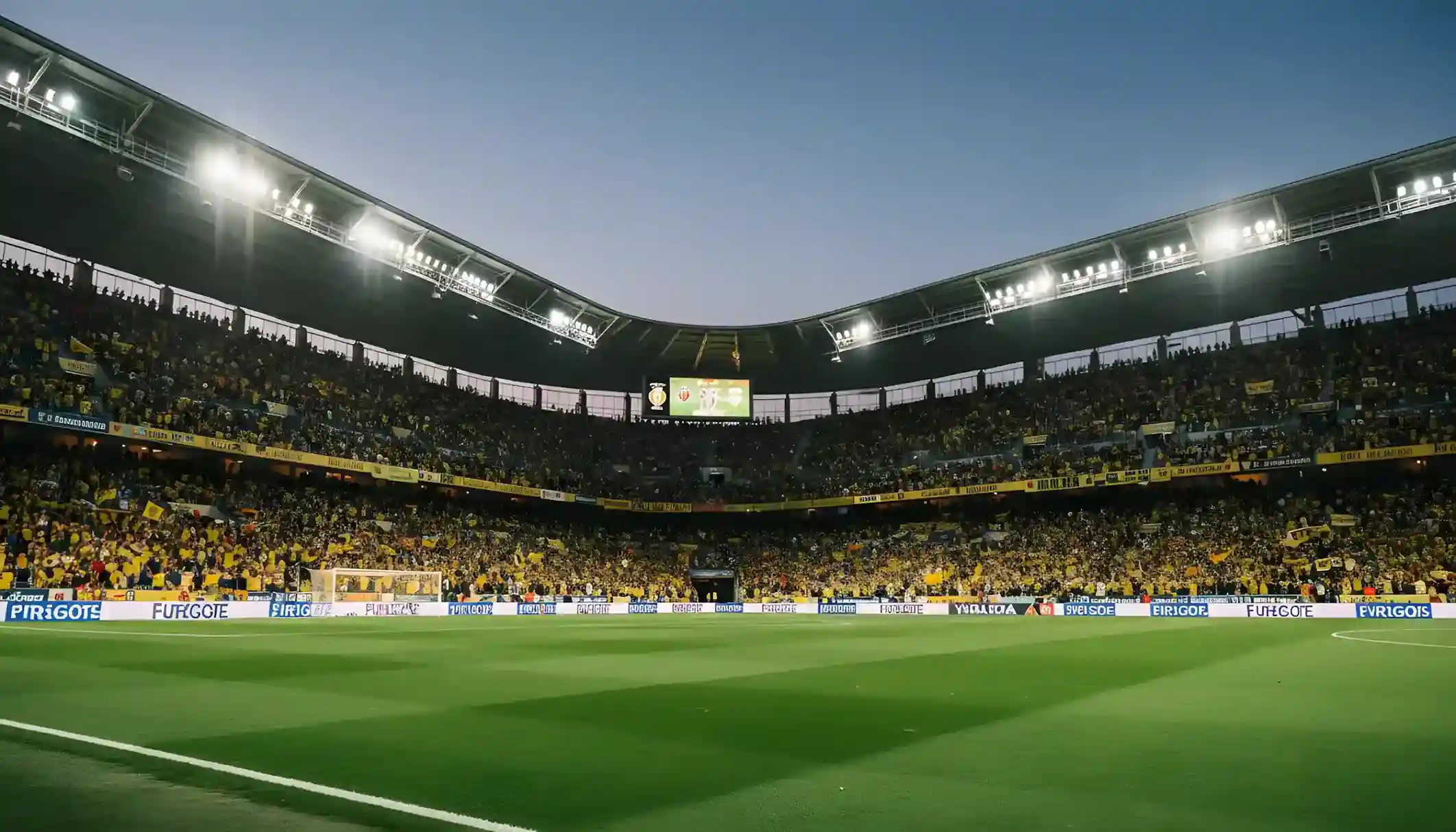 Estadio de fútbol moderno con aficionados en las gradas vistiendo colores amarillos