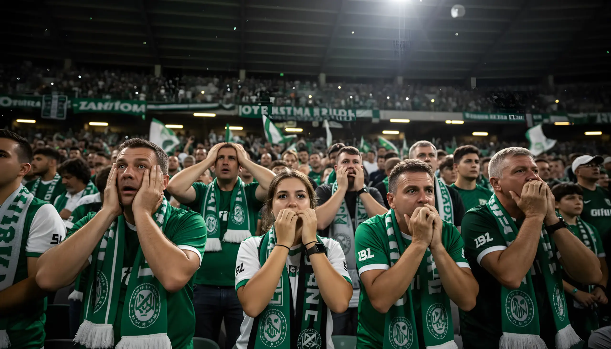Aficionados en el estadio mostrando tensión durante un momento crucial del partido