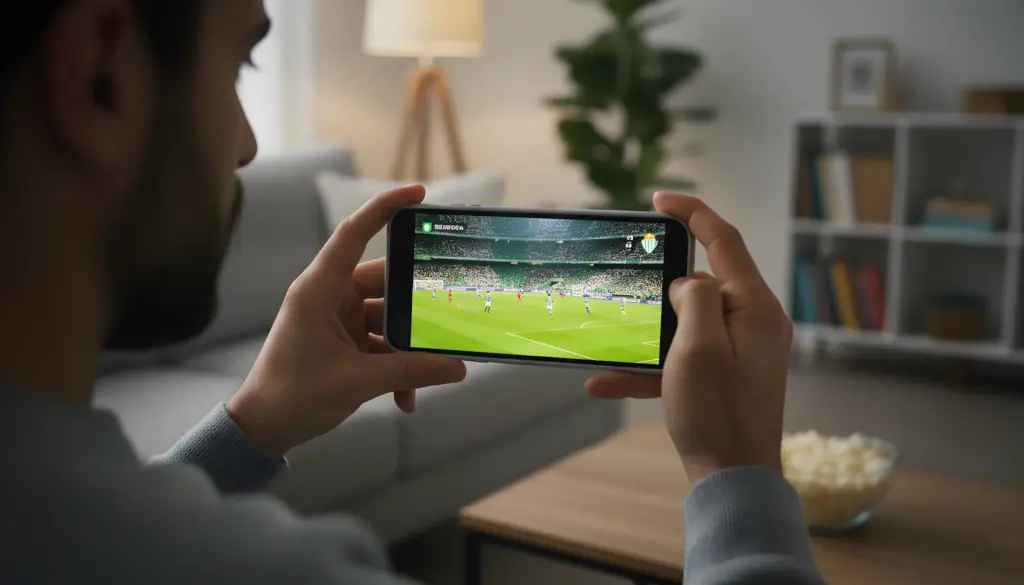 Un hombre, visto desde atrás, sostiene un smartphone en horizontal con ambas manos, viendo un partido de fútbol en la pantalla. Los jugadores visten uniformes de colores claros y oscuros en un campo verde. La escena se desarrolla en un salón acogedor con un sofá gris, una lámpara de pie y una estantería blanca con libros y decoraciones al fondo. En la mesa de café frente al hombre, hay un bol con palomitas de maíz.