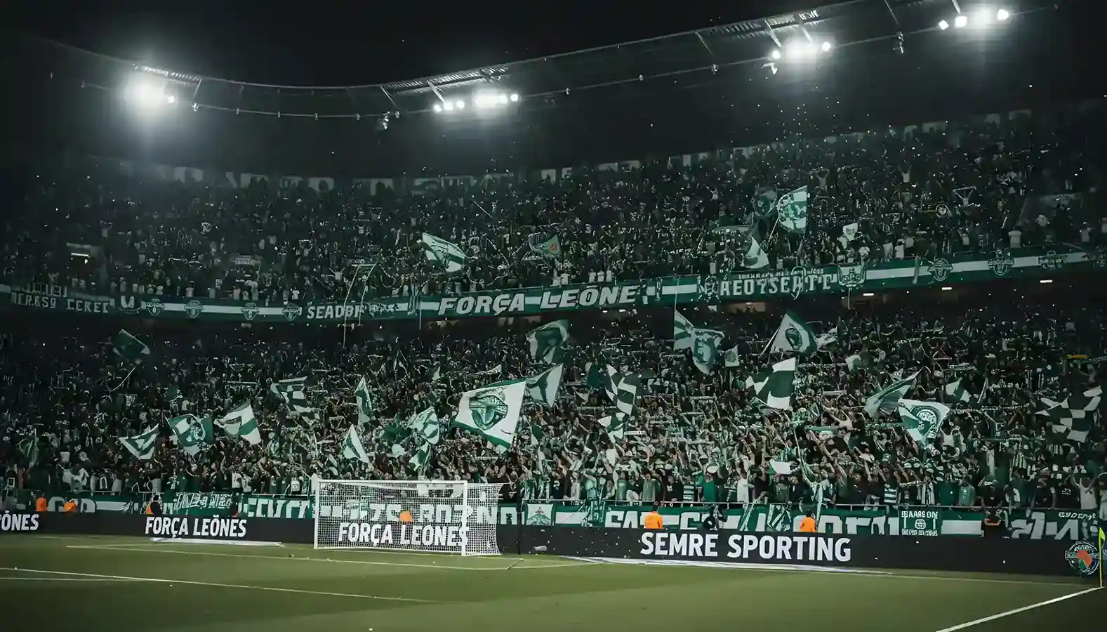 Grada de estadio llena de aficionados con banderas y bufandas verdes y blancas animando al equipo