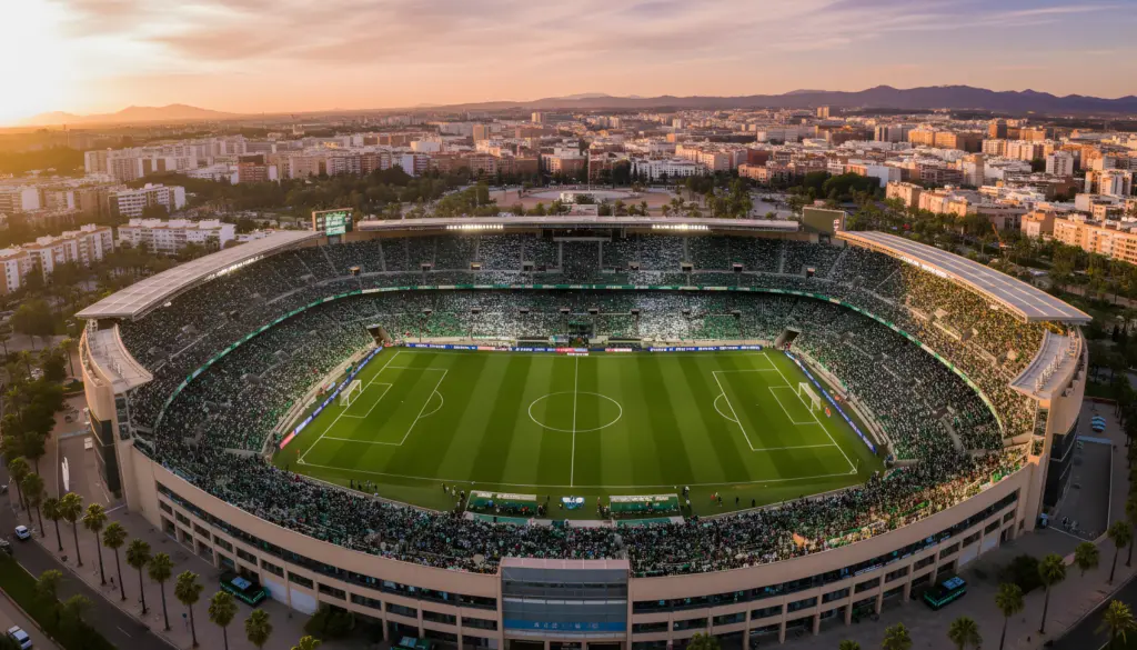 Vista aérea de un gran estadio repleto de aficionados durante la puesta de sol, que muestra el césped verde del campo y un cielo vibrante sobre el horizonte de la ciudad al fondo.