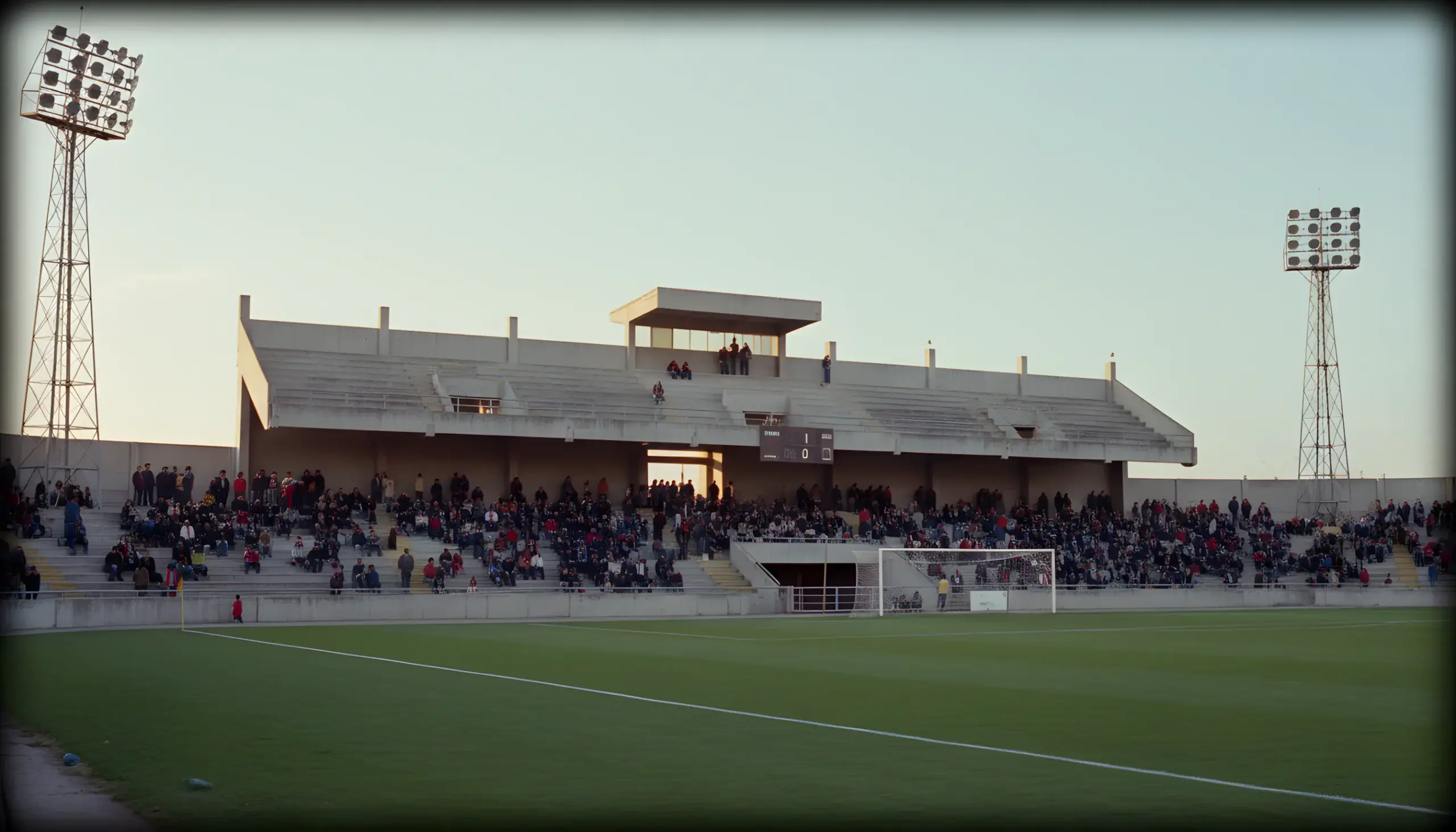 Imagen histórica de un estadio de fútbol español con arquitectura de los años ochenta