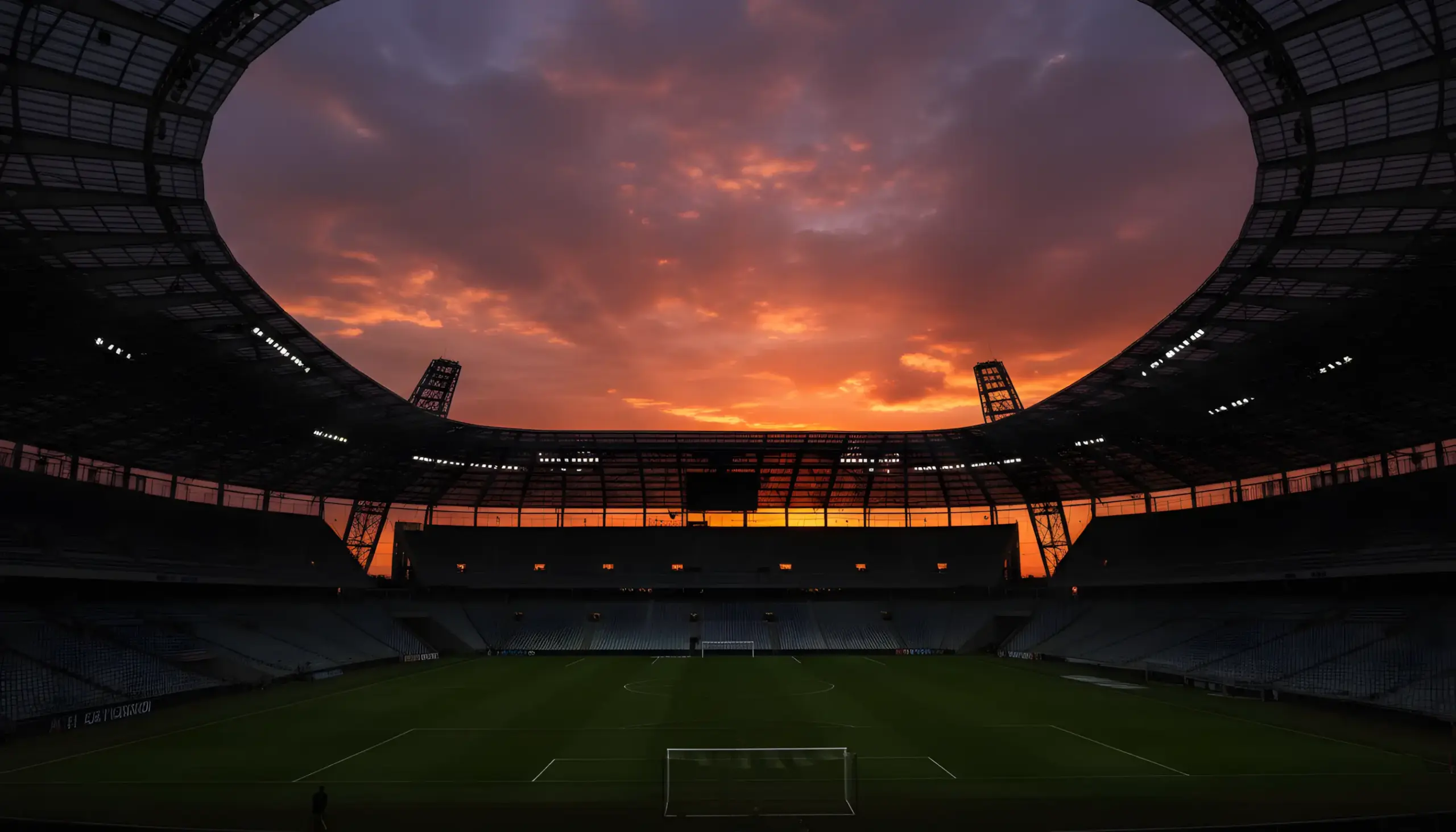Silueta del estadio de fútbol contra un cielo de atardecer