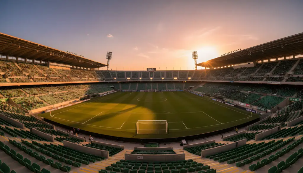 Un gran estadio de fútbol con césped verde y gradas vacías al atardecer, iluminado por la luz anaranjada del sol.