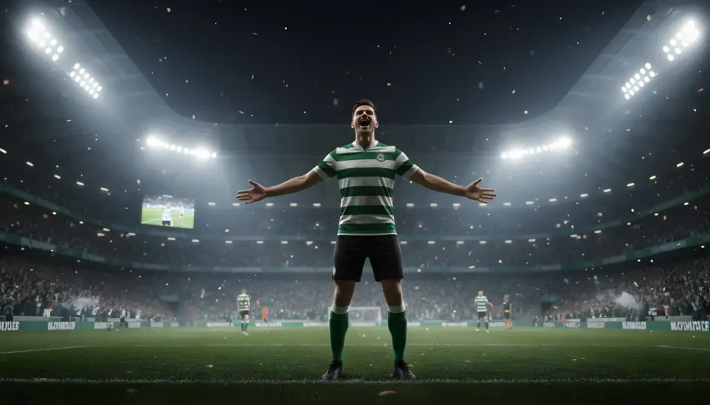 Un futbolista con una camiseta de rayas verdes y blancas y pantalones cortos negros celebra con los brazos abiertos en medio de un estadio de fútbol. Está mirando hacia arriba con la boca abierta, expresando alegría. El estadio está iluminado por potentes focos y se ve confeti cayendo. Otros jugadores y espectadores son visibles en el fondo.