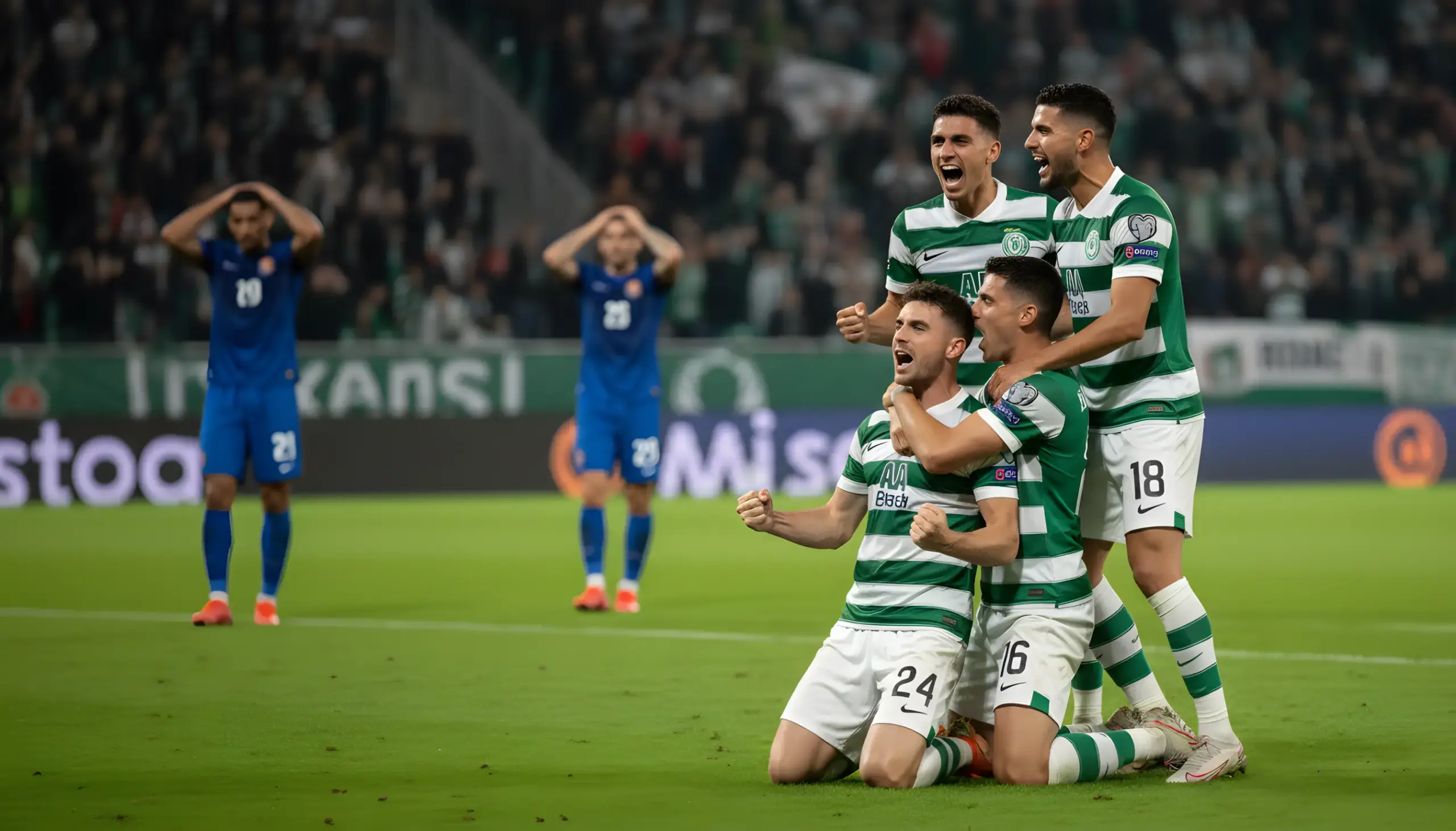 Jugadores celebrando un gol mientras el equipo rival se lamenta al fondo