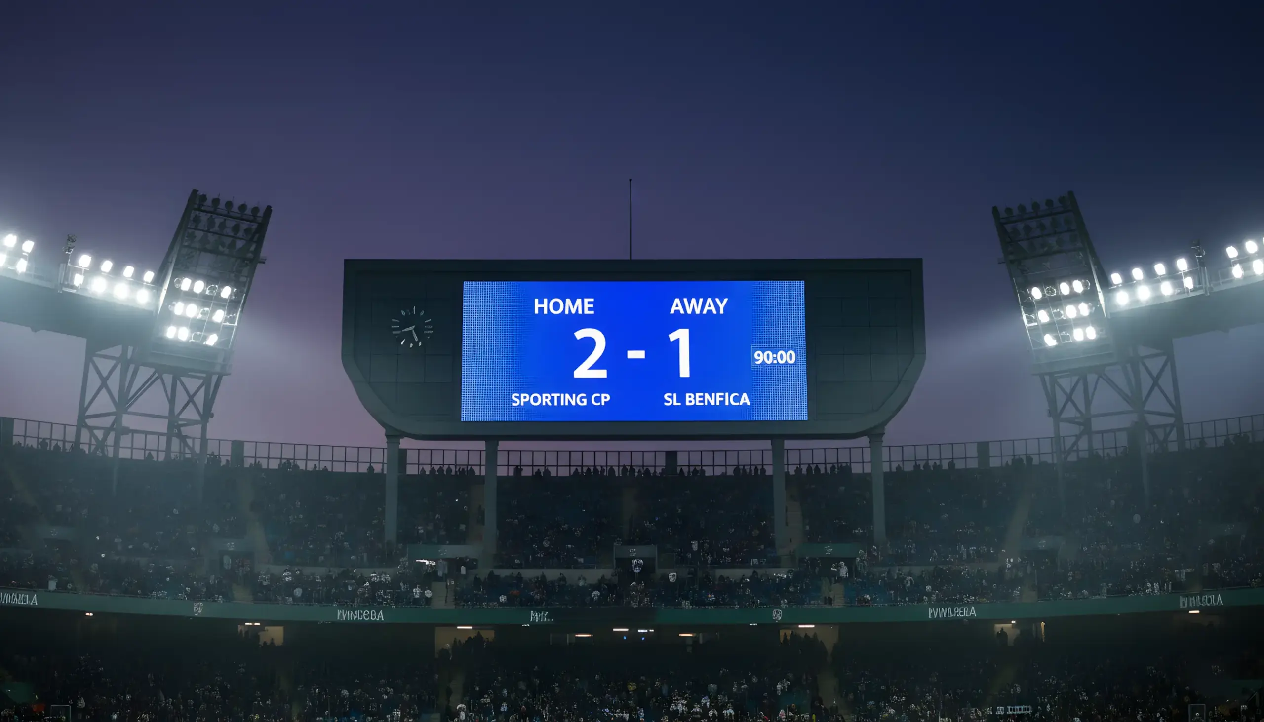 Marcador electrónico de estadio mostrando resultado de un partido de fútbol