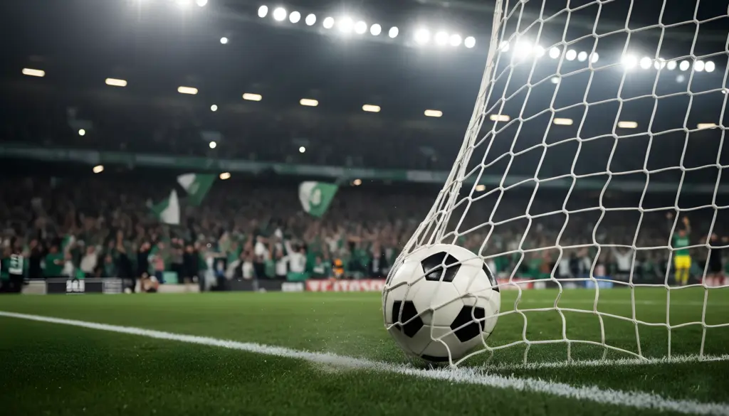 Un balón de fútbol blanco y negro yace en la línea de gol, justo dentro de la portería, con la red de la portería visible en primer plano a la derecha. El césped verde del campo está bien cuidado. Al fondo, se ven las gradas de un estadio llenas de aficionados difuminados, y las luces brillantes del estadio iluminan la escena. El ambiente sugiere un gol o un momento crucial en un partido.