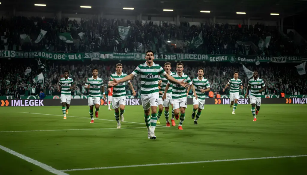 Un equipo de fútbol con camisetas de rayas verdes y blancas está corriendo y celebrando en un campo de estadio. El jugador central tiene los brazos extendidos y está mirando hacia arriba con expresión de alegría. Detrás de ellos, las gradas están llenas de aficionados, muchos de los cuales también visten de verde y blanco. El estadio está iluminado por la noche.