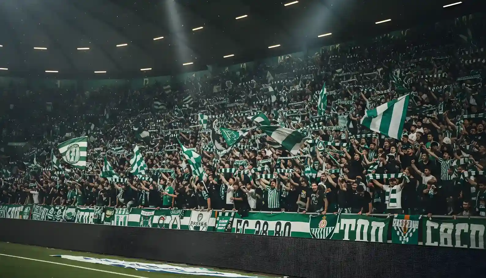 Aficionados del Elche animando con banderas en un partido importante