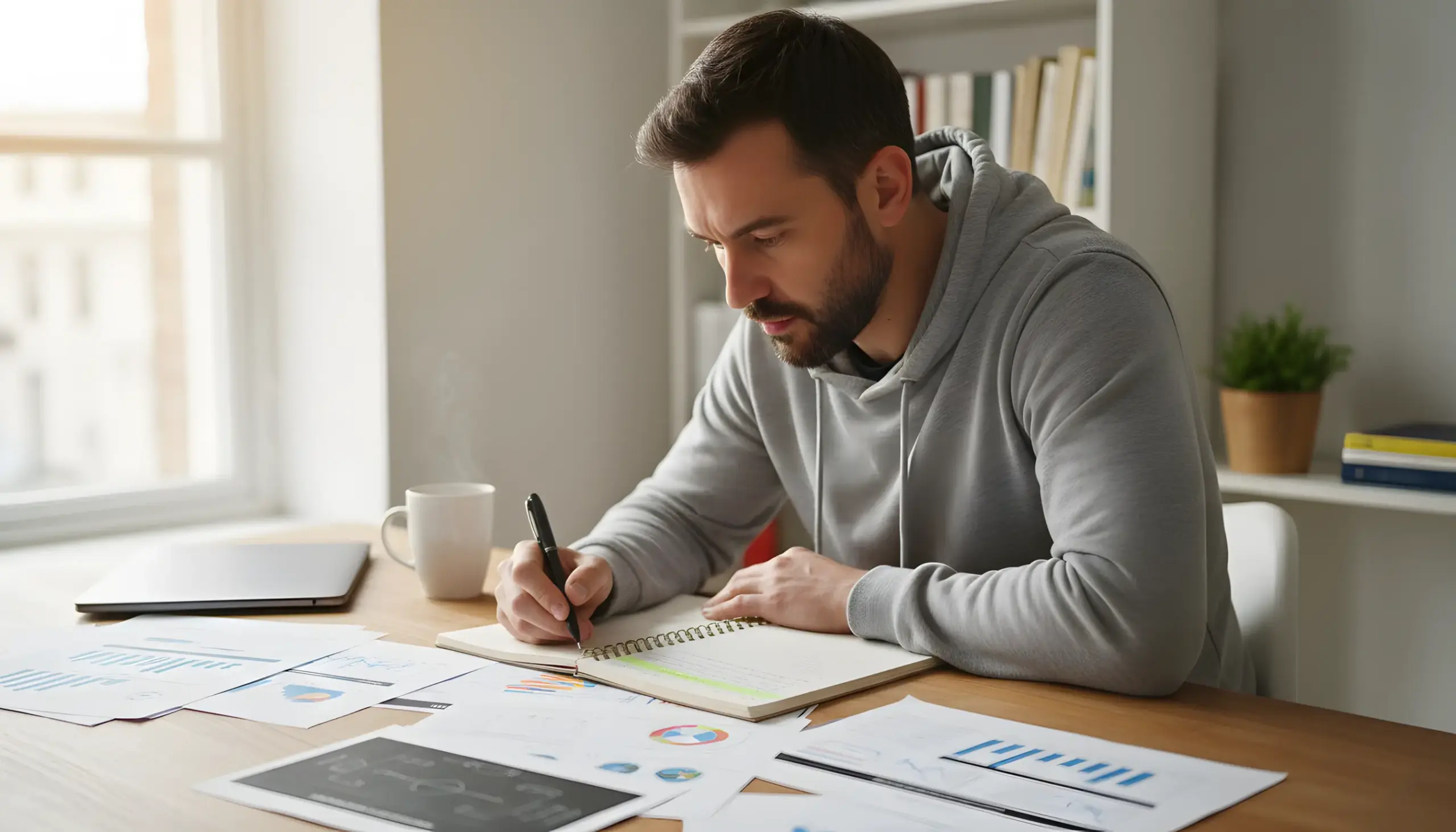 Persona estudiando documentos de estrategia de apuestas