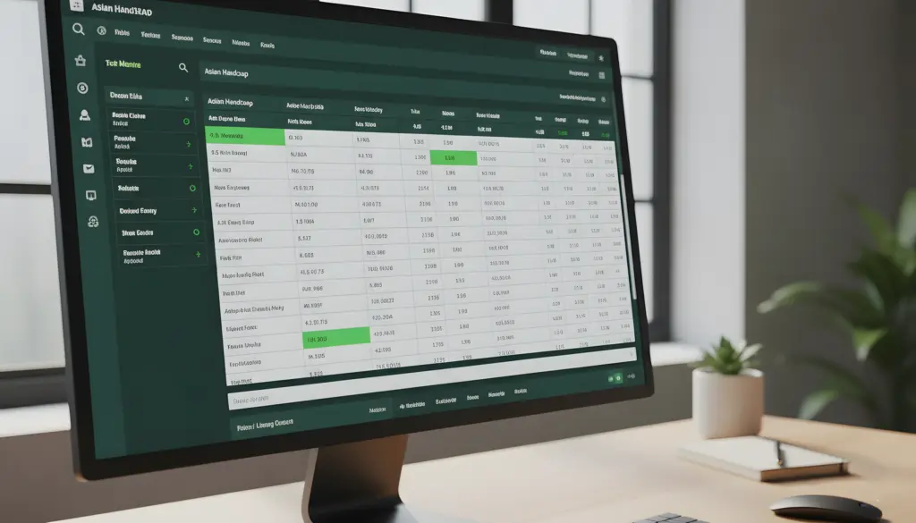 Un monitor de ordenador moderno muestra una interfaz de apuestas deportivas con un tema oscuro y elementos verdes. La pantalla principal muestra una tabla detallada de "Asian Handicap" con partidos, cuotas y estadísticas. A la izquierda, hay un menú de navegación con opciones como "Top Matches" y "Live Events". El monitor está sobre un escritorio de madera clara, junto a una planta en maceta, un bloc de notas y un bolígrafo. Se pueden ver ventanas al fondo, sugiriendo un entorno de oficina o estudio.