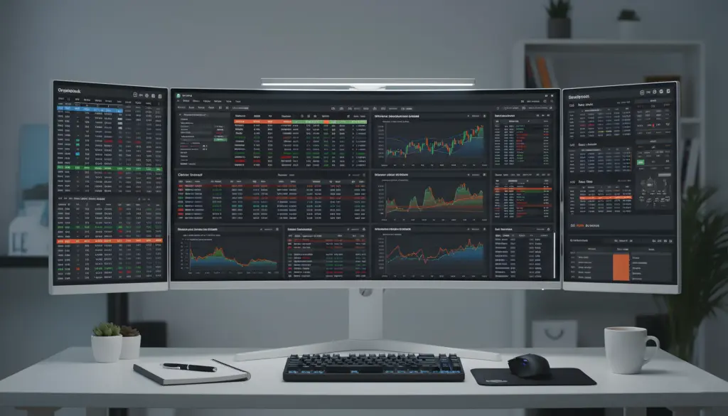Un monitor de ordenador de gran tamaño con múltiples ventanas que muestran gráficos financieros, cotizaciones bursátiles y datos analíticos.