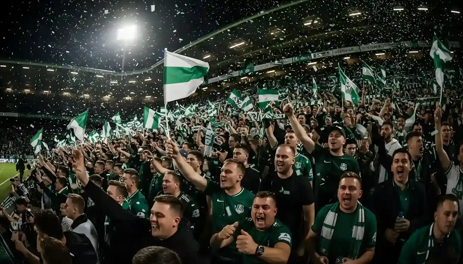 Aficionados de fútbol celebrando un ascenso con banderas verdes y blancas en un estadio