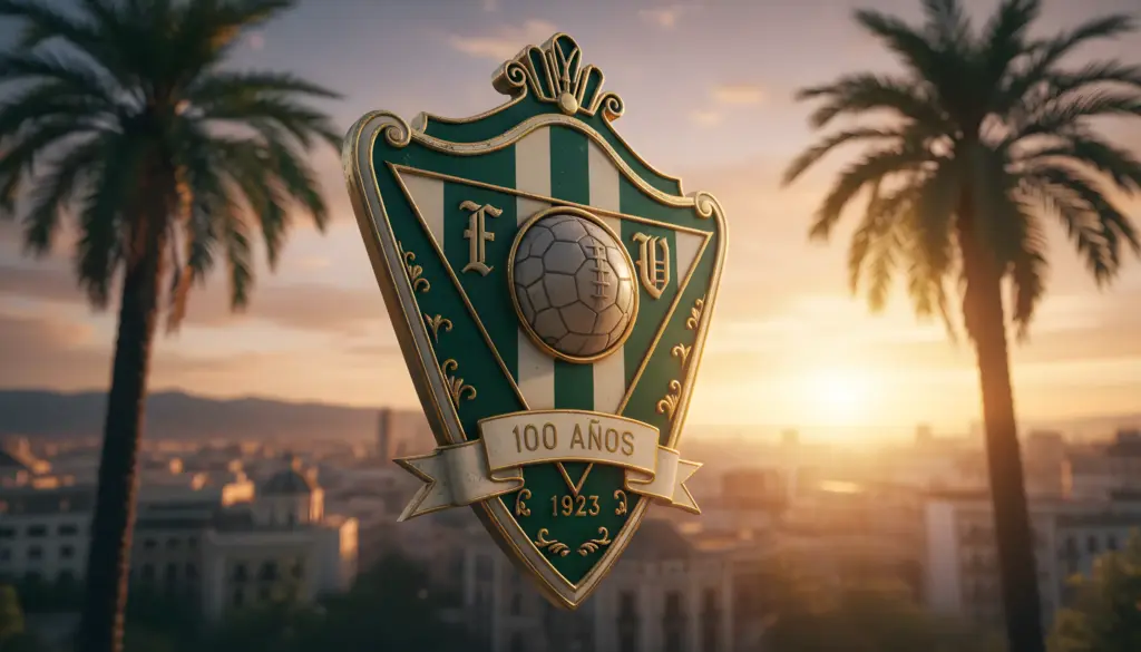 Emblema que presenta un escudo verde y dorado con un balón de fútbol en el centro, el texto "100 AÑOS" y "1923" en la parte inferior, sobre un fondo de puesta de sol con palmeras y un paisaje urbano.