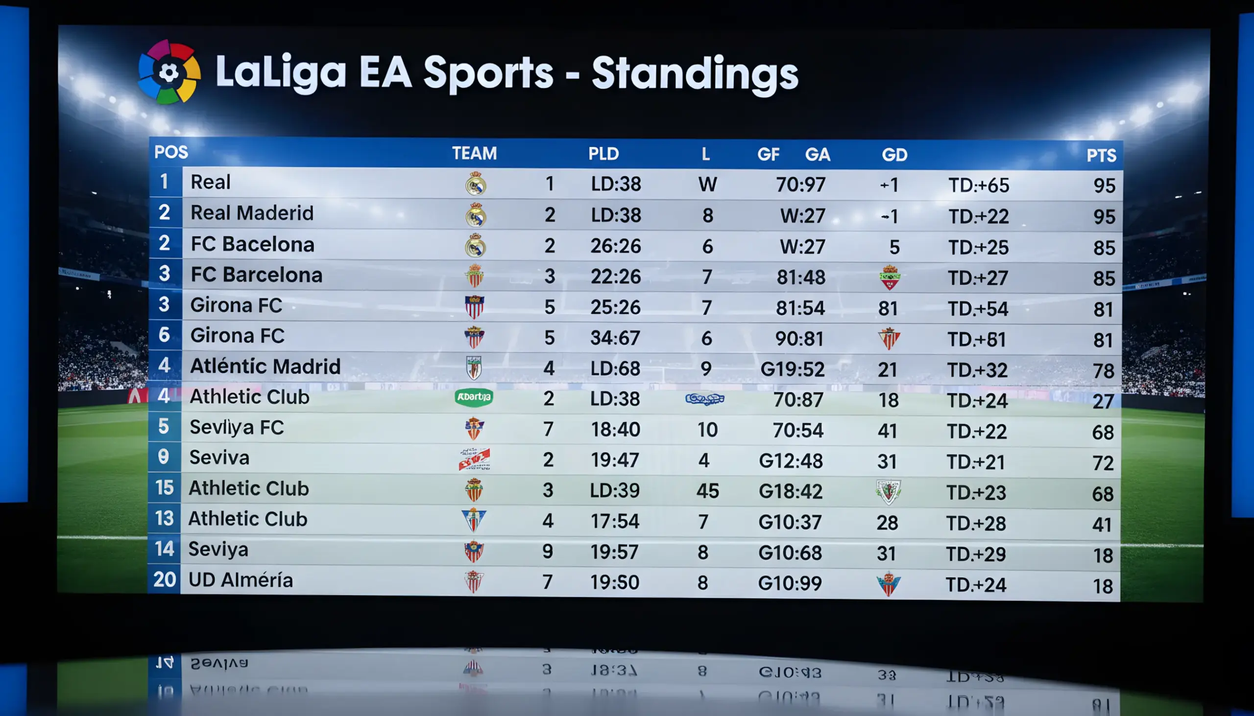 Tabla de clasificación de LaLiga mostrando posiciones de equipos