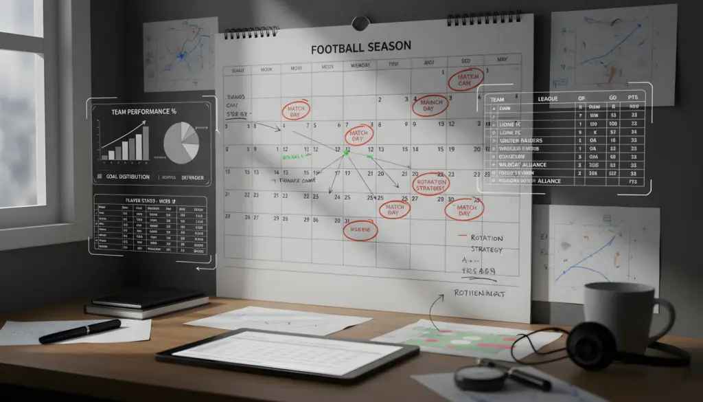 Una vista de un escritorio con un calendario de "FOOTBALL SEASON" colgado en la pared. El calendario muestra "MATCH DAY" marcado en varios días. Alrededor del calendario, hay gráficos y tablas holográficas flotando en el aire, mostrando "TEAM PERFORMANCE", "GOAL DISTRIBUTION", "PLAYER STATS" y una tabla de la liga. En el escritorio, hay una tableta, una taza de café, auriculares, gafas, un bolígrafo y papeles esparcidos. La luz del sol entra por una ventana a la izquierda.