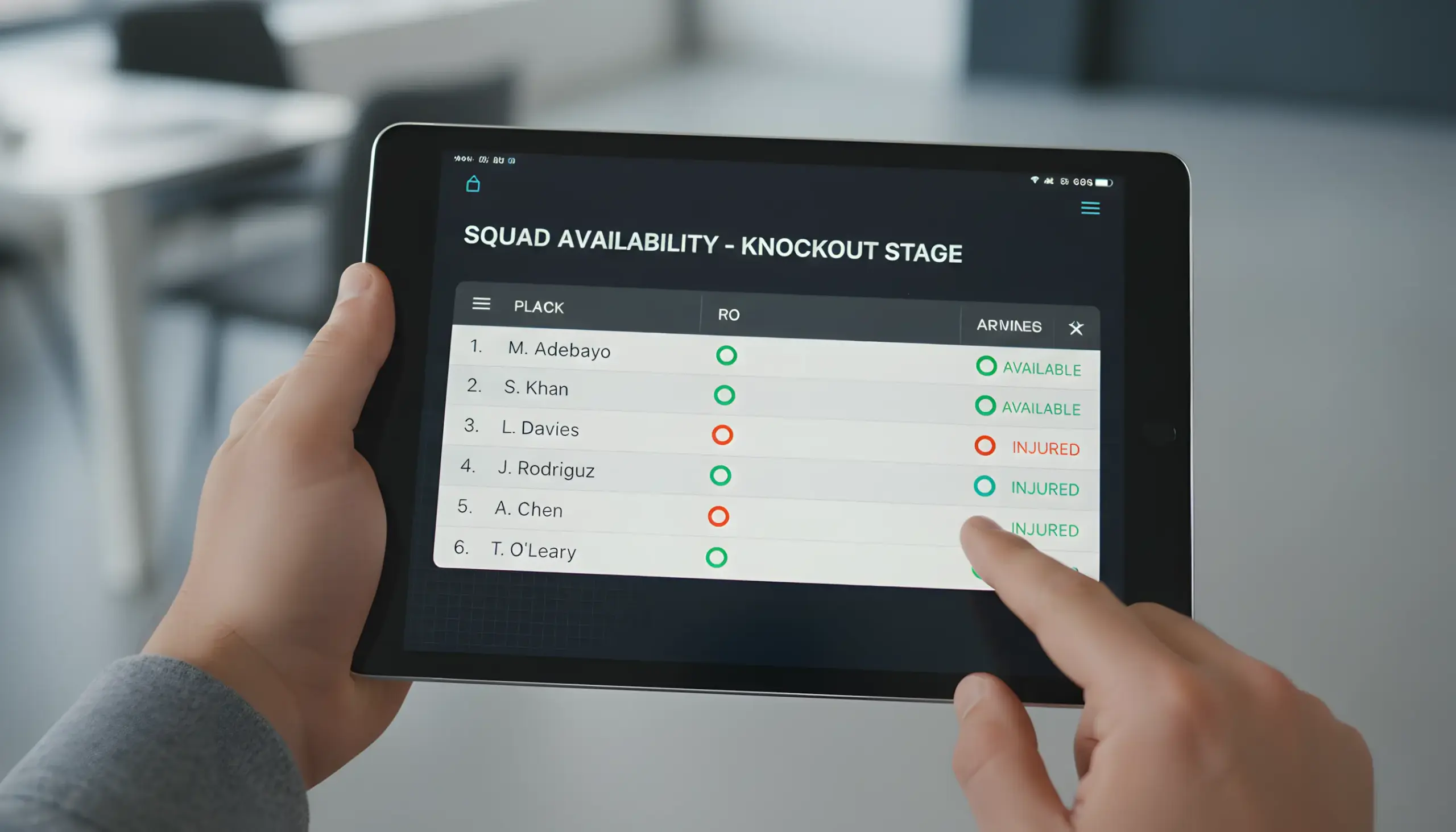 Tablet mostrando lista de jugadores y su estado de disponibilidad
