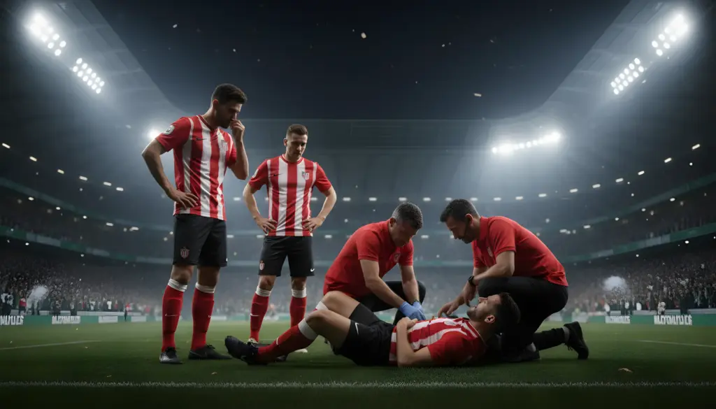 Jugador de fútbol lesionado tendido en el campo mientras el equipo médico lo atiende, con otros jugadores observando preocupados.