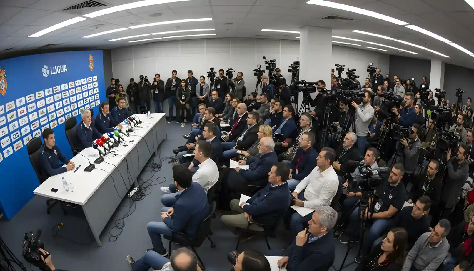 Periodistas siguiendo una rueda de prensa de fútbol