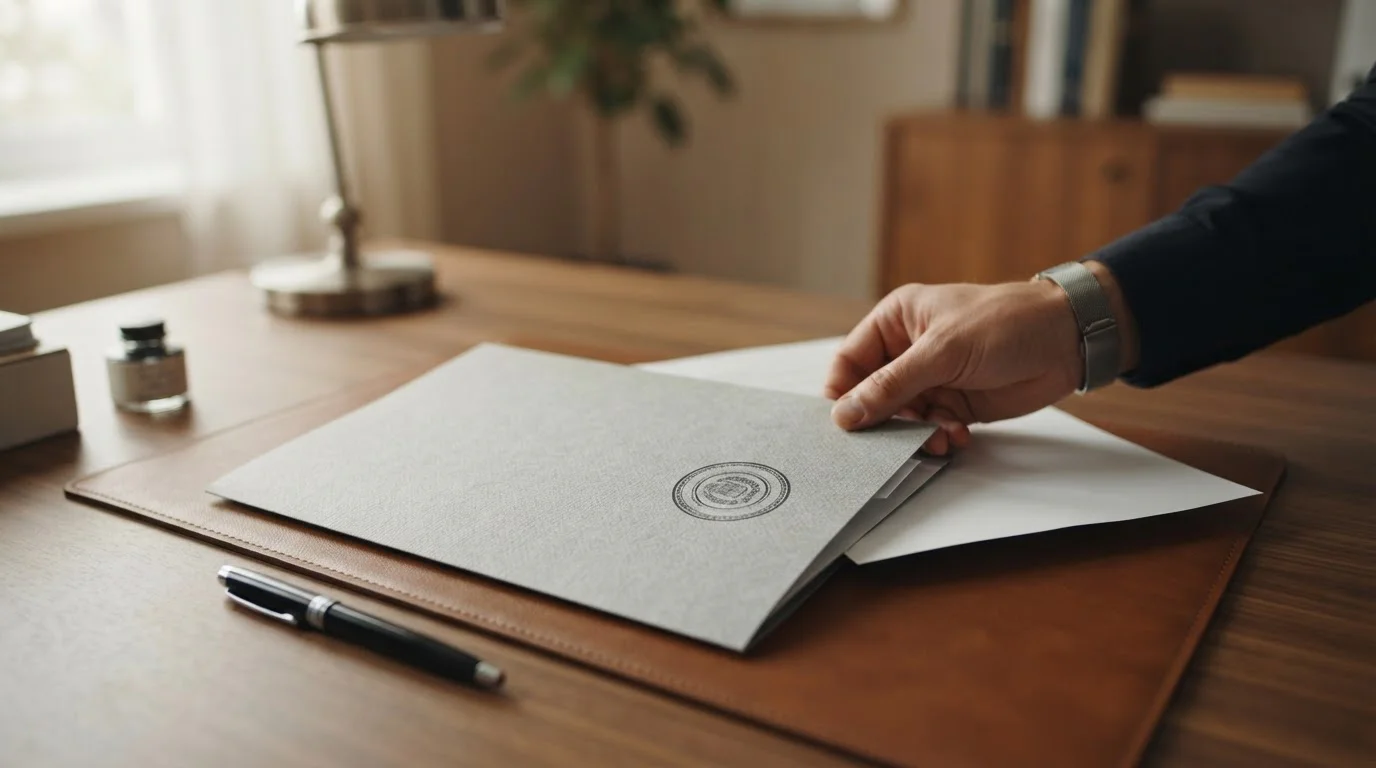 Documento oficial español sobre escritorio con sello de aprobación visible
