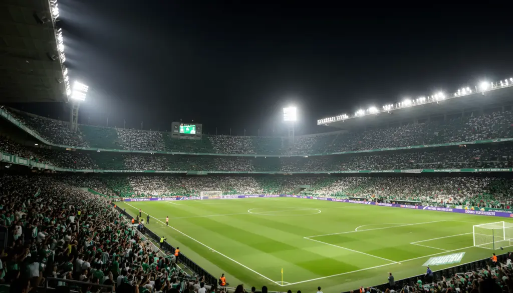 Estadio de fútbol lleno de aficionados con camisetas verdes y blancas durante un partido nocturno bajo las luces.