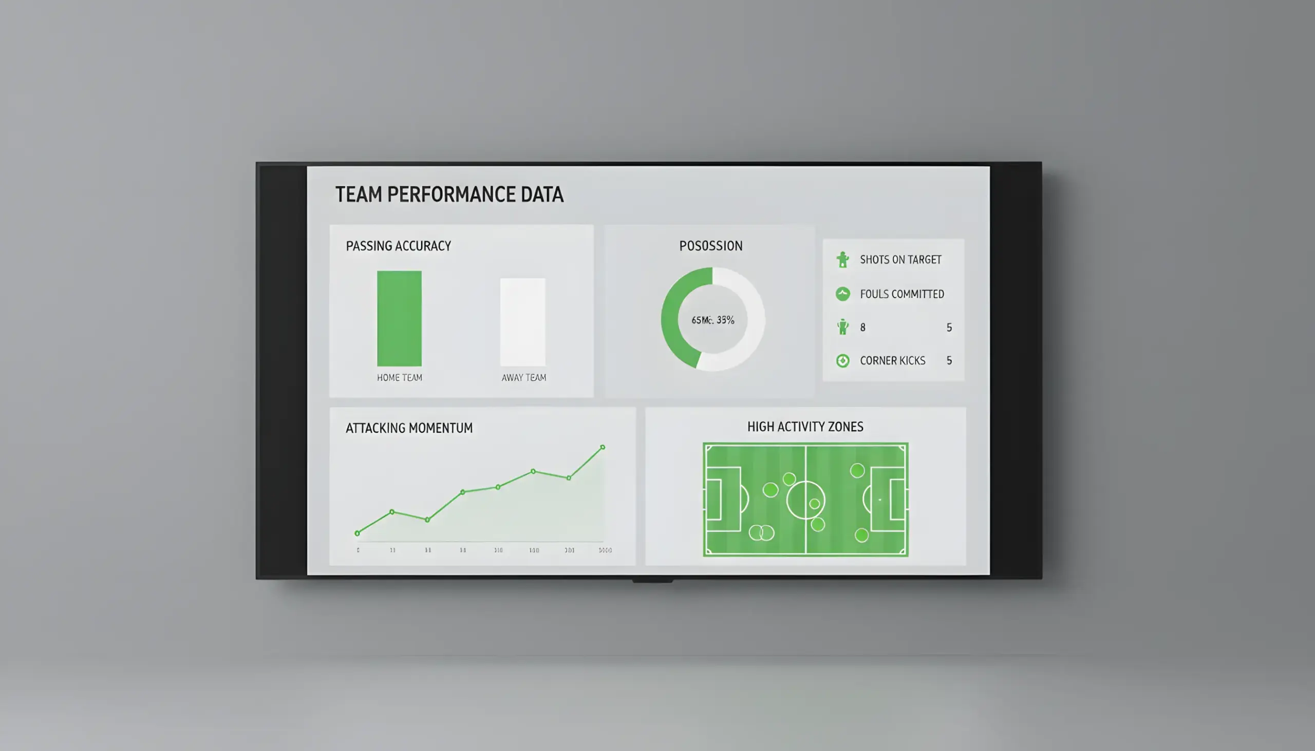Pantalla mostrando estadísticas de fútbol y gráficos de rendimiento de un equipo