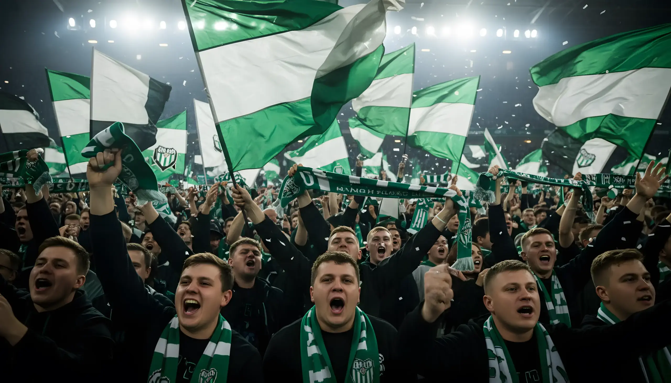 Aficionados del Elche celebrando un gol en las gradas con banderas verdes y blancas