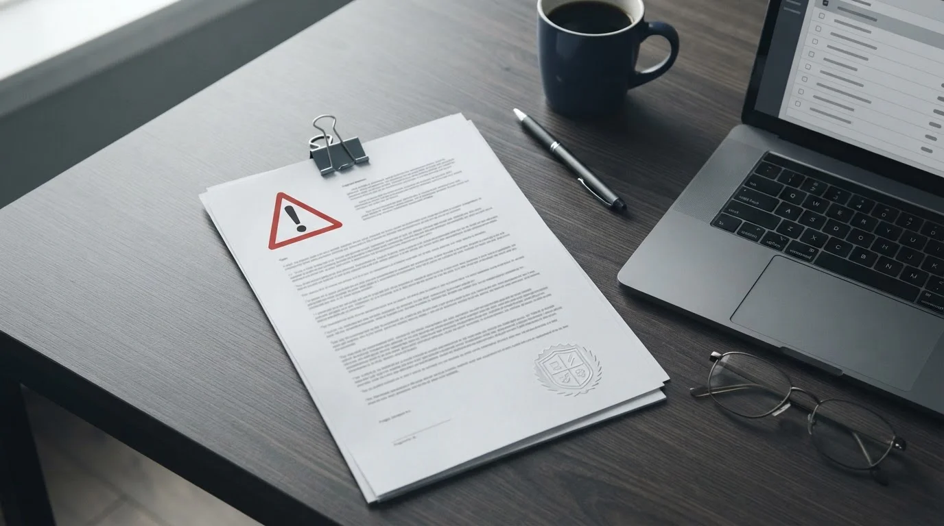 Documento oficial y símbolo de advertencia regulatoria
