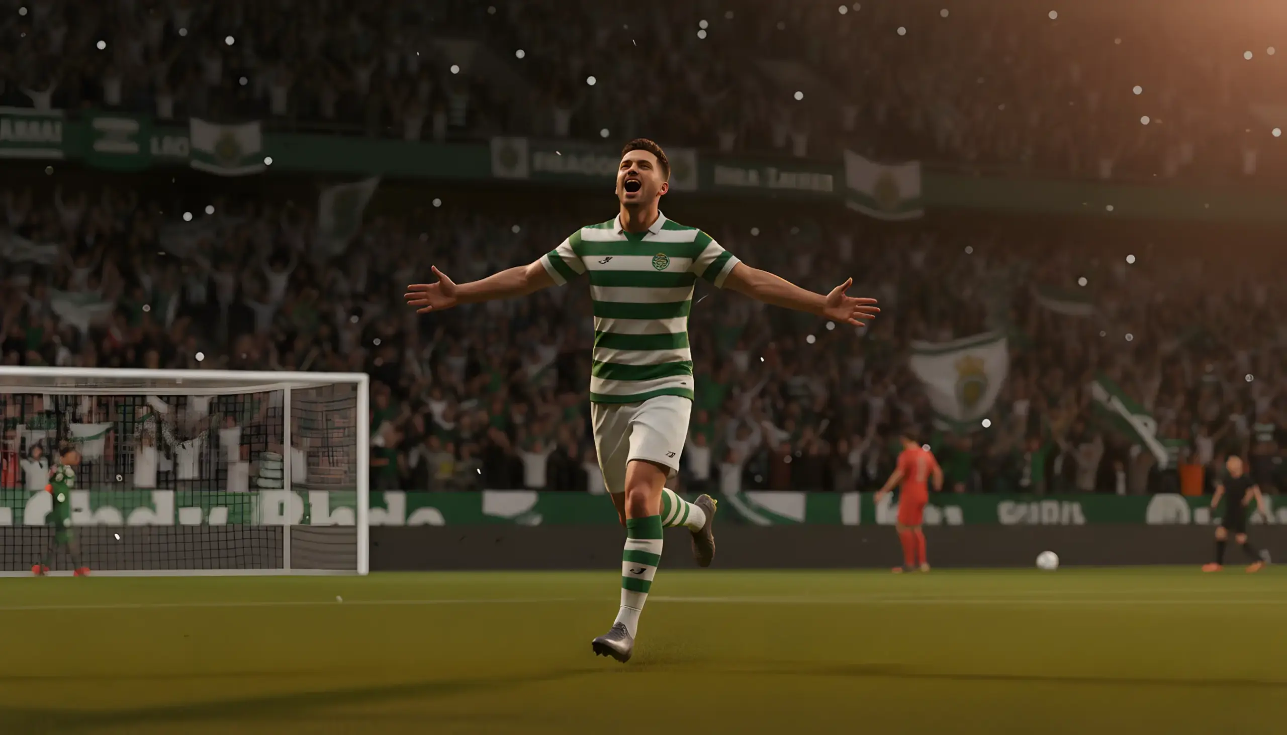 Delantero celebrando un gol con los brazos abiertos frente a la afición