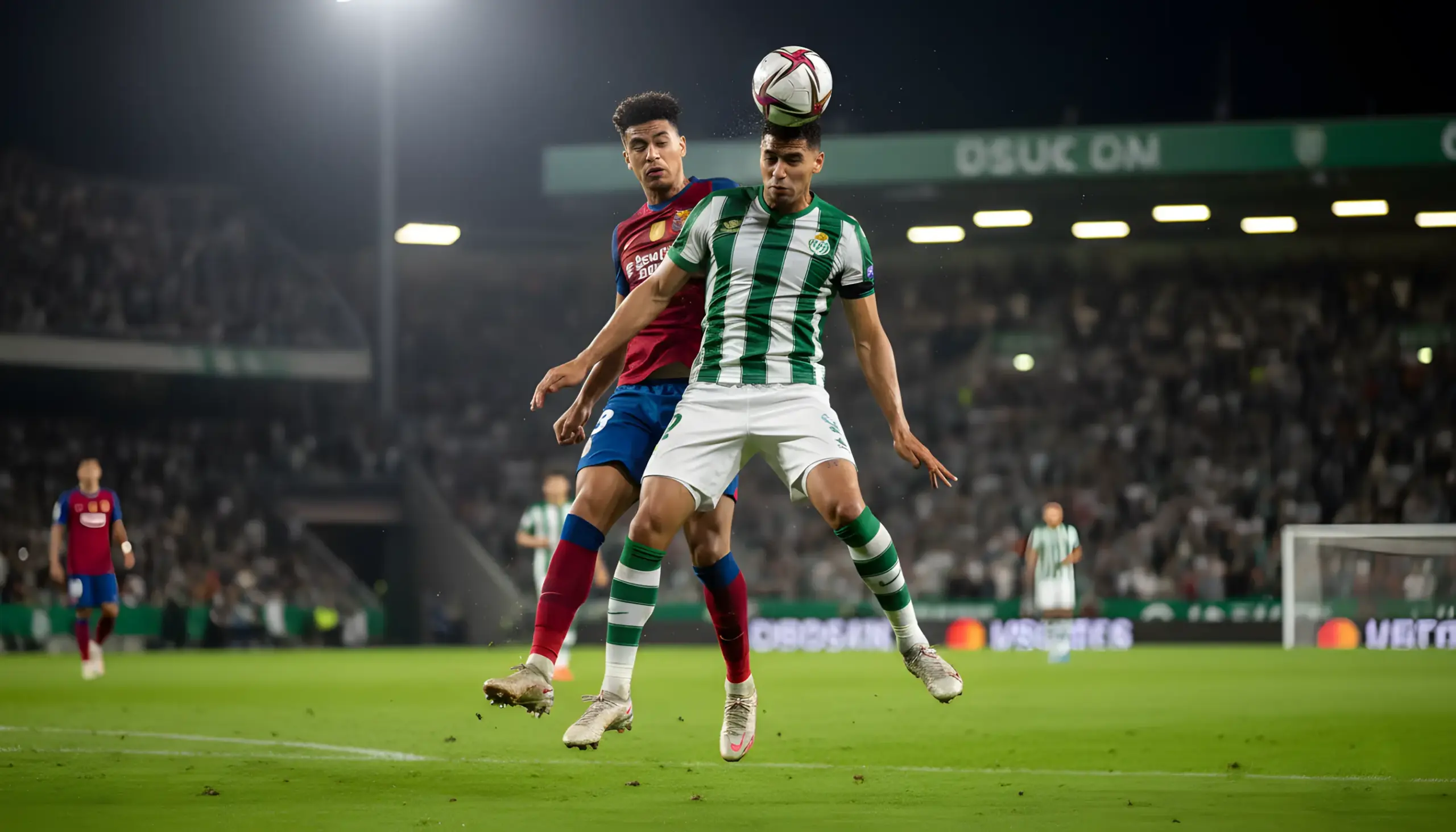 Defensa de fútbol disputando un balón aéreo en partido nocturno