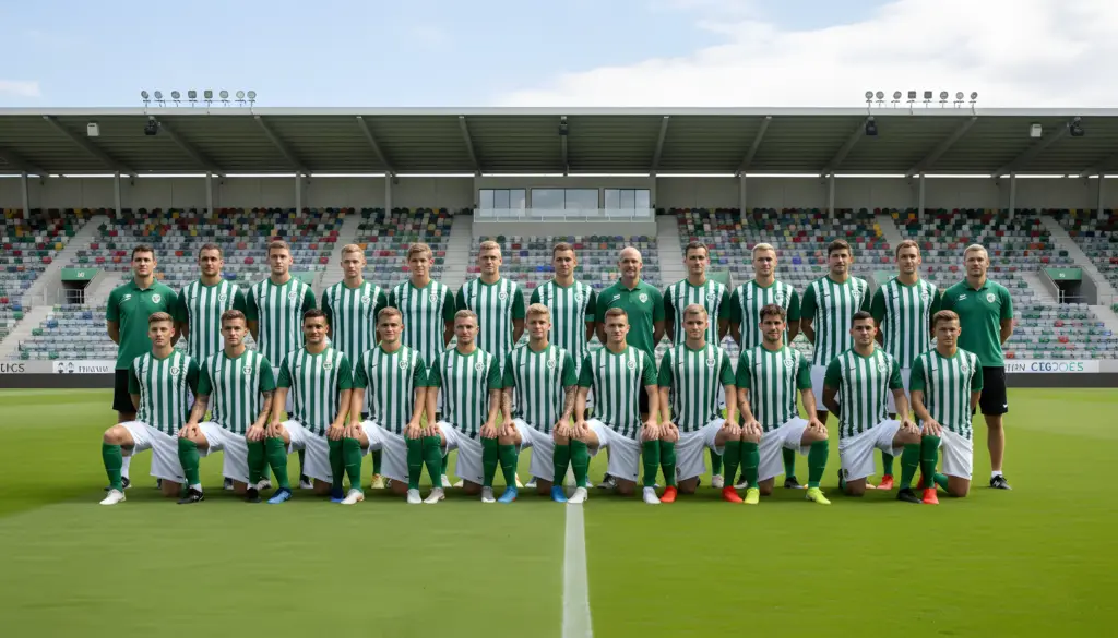 Group photo of a soccer team wearing green and white striped jerseys, standing and kneeling on a grass field, with a stadium in the background. The team consists of 25 male players and a coach, all facing the camera.