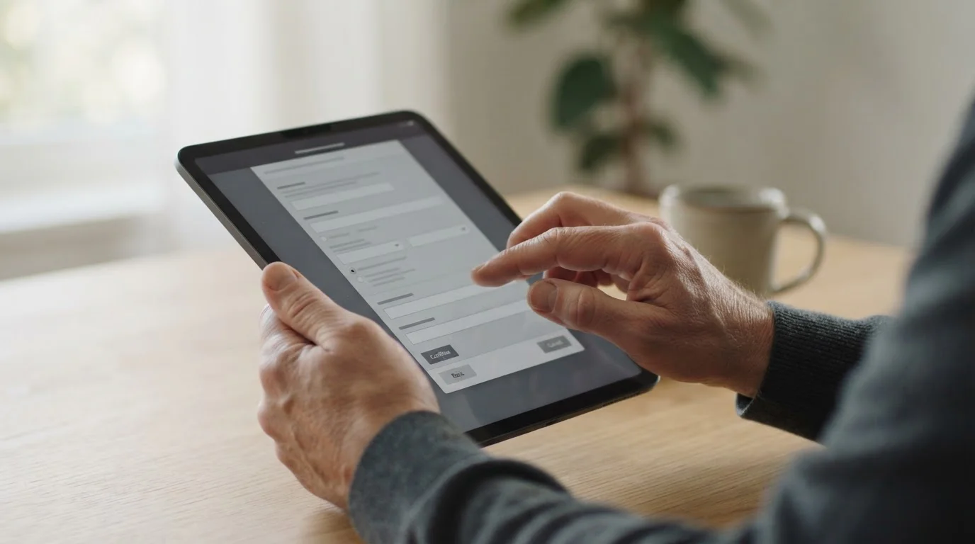Manos de usuario navegando por el proceso de retirada en una interfaz digital